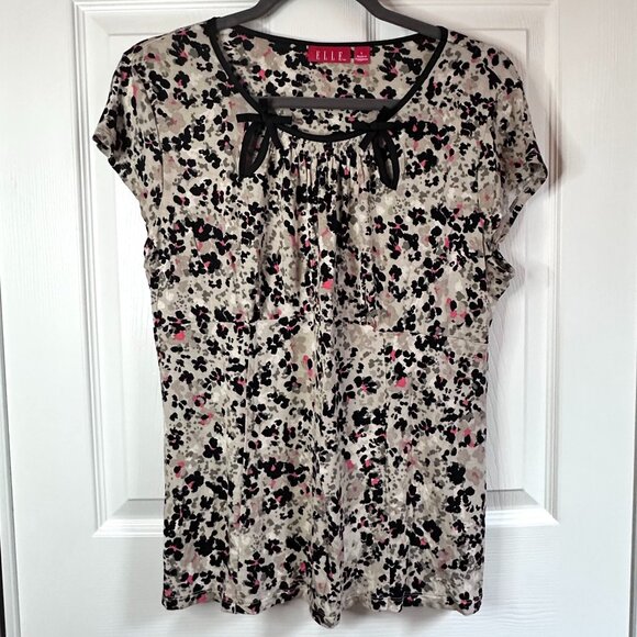 Elle Large Abstract Animal Floral Jersey Knit Cap Sleeve Keyhole Bow Accent Top - Picture 2 of 9